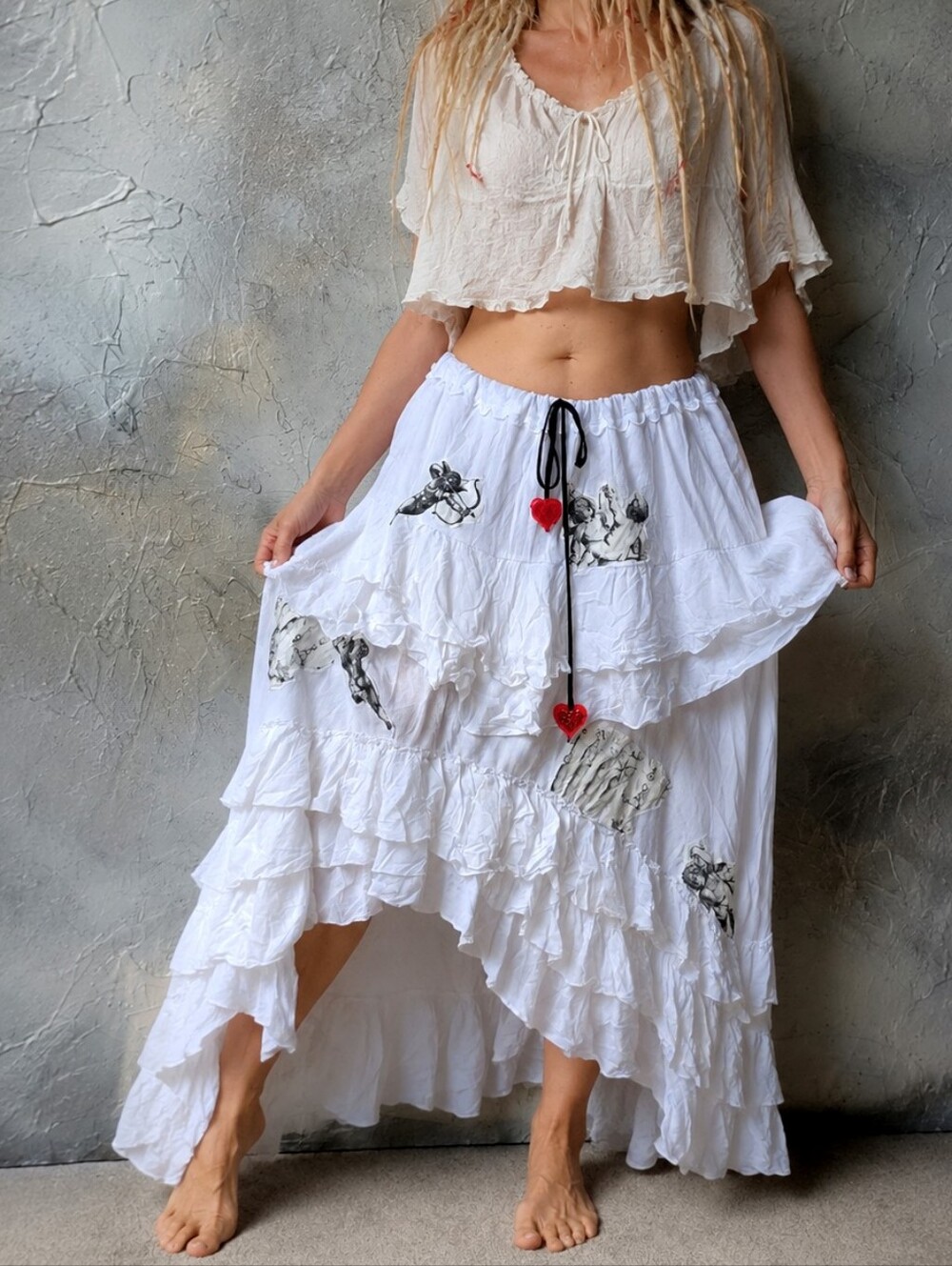 Maxi Skirt Cotage Patched ANGEL Aplique Red Heart Vintage European 100% Cotton